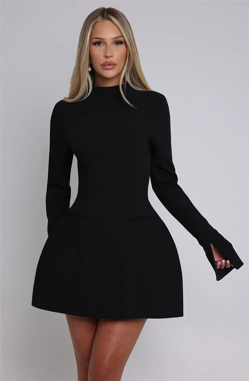 Long Sleeve Backless Sexy Mini Dress For Women Autumn Winter New O Neck High Waist A-line Club Party Sexy Dress Elegant