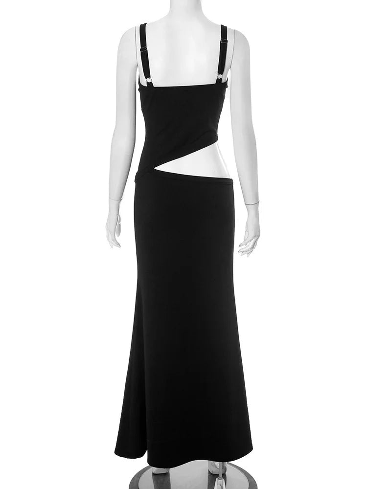 Hollow Out Backless Sexy Maxi Dress Women Gown Spaghetti Strap Sleeveless Irregular Slim Club Long Dress 2025 Summer