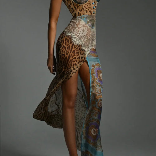 Load image into Gallery viewer, Leopard Print Lace Split Sexy Maxi Dress Women Gown Elegant Patchwork Chiffon Sleeveless Backless Beach Evening Dress
