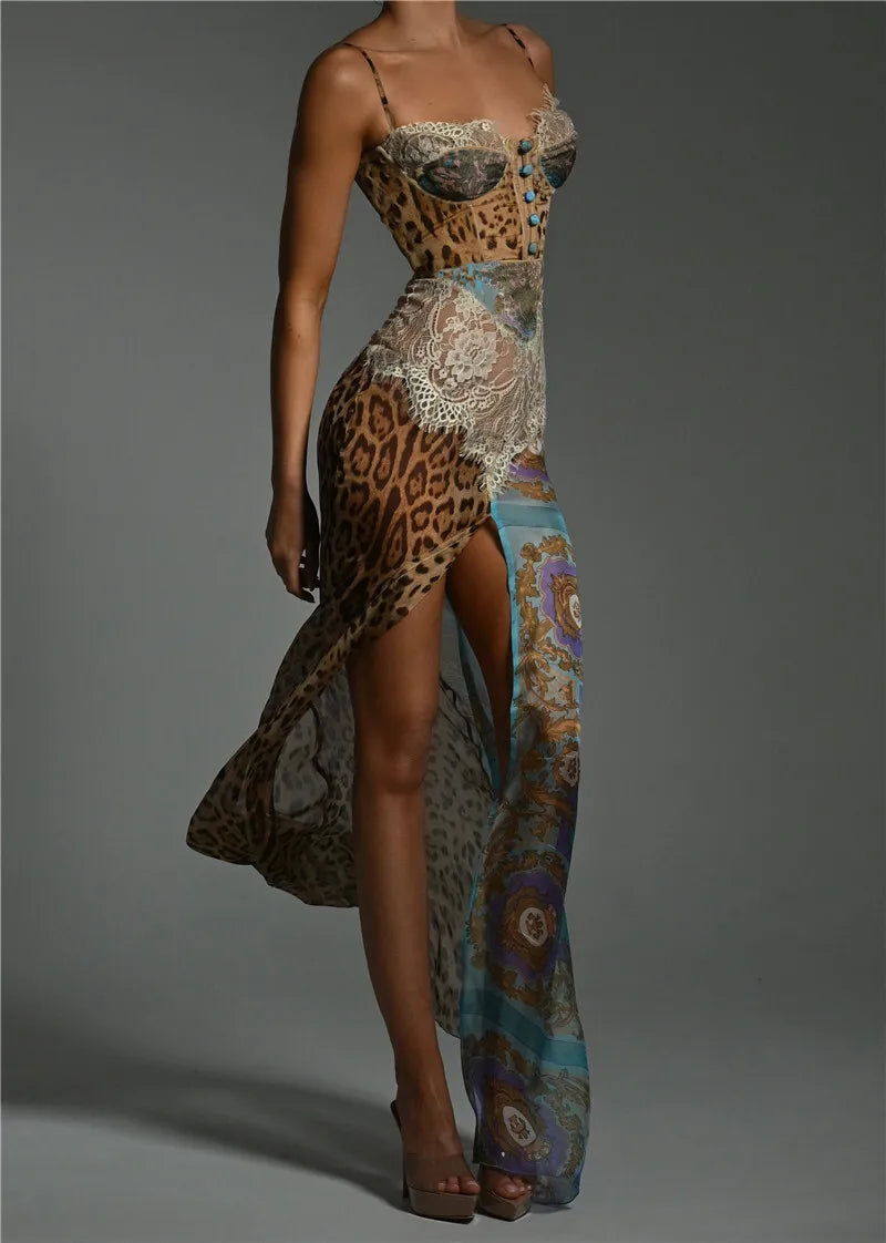 Leopard Print Lace Split Sexy Maxi Dress Women Gown Elegant Patchwork Chiffon Sleeveless Backless Beach Evening Dress