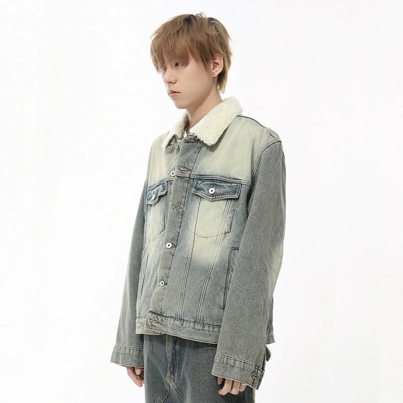 Autumn Men's Denim Jackets Worn-out Turn-down Collar Fleece Thinckened Single Breasted Washed Loose Male Coats 9C8729