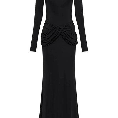 Load image into Gallery viewer, Diagonal Collar Long Sleeve Maxi Dress For Women Autumn Winter New Solid High Waist Ruched Bodycon Sexy Long Dress
