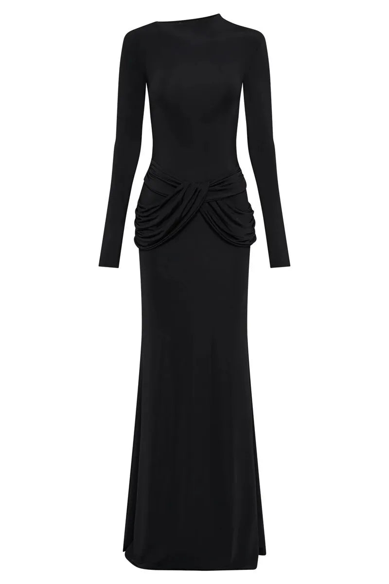 Diagonal Collar Long Sleeve Maxi Dress For Women Autumn Winter New Solid High Waist Ruched Bodycon Sexy Long Dress