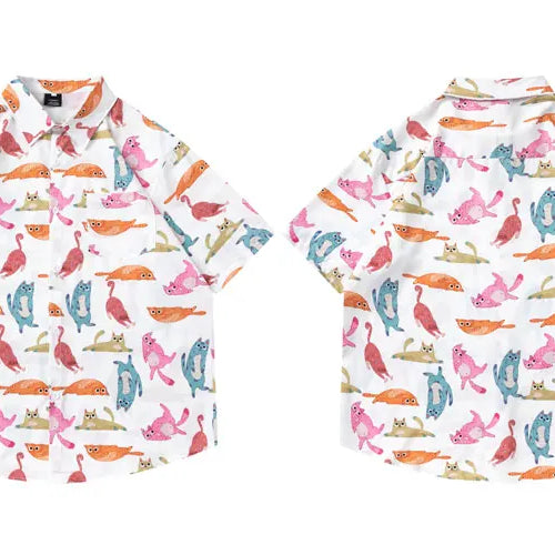 Load image into Gallery viewer, Hawaiian Shirts Streetwear Funny Cartoon Cat Graphic Printed Button Blouse Hip Hop Harajuku Baggy Short Sleeve Summer Beach Tops
