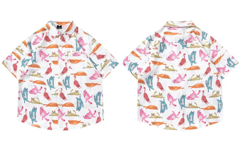 Hawaiian Shirts Streetwear Funny Cartoon Cat Graphic Printed Button Blouse Hip Hop Harajuku Baggy Short Sleeve Summer Beach Tops