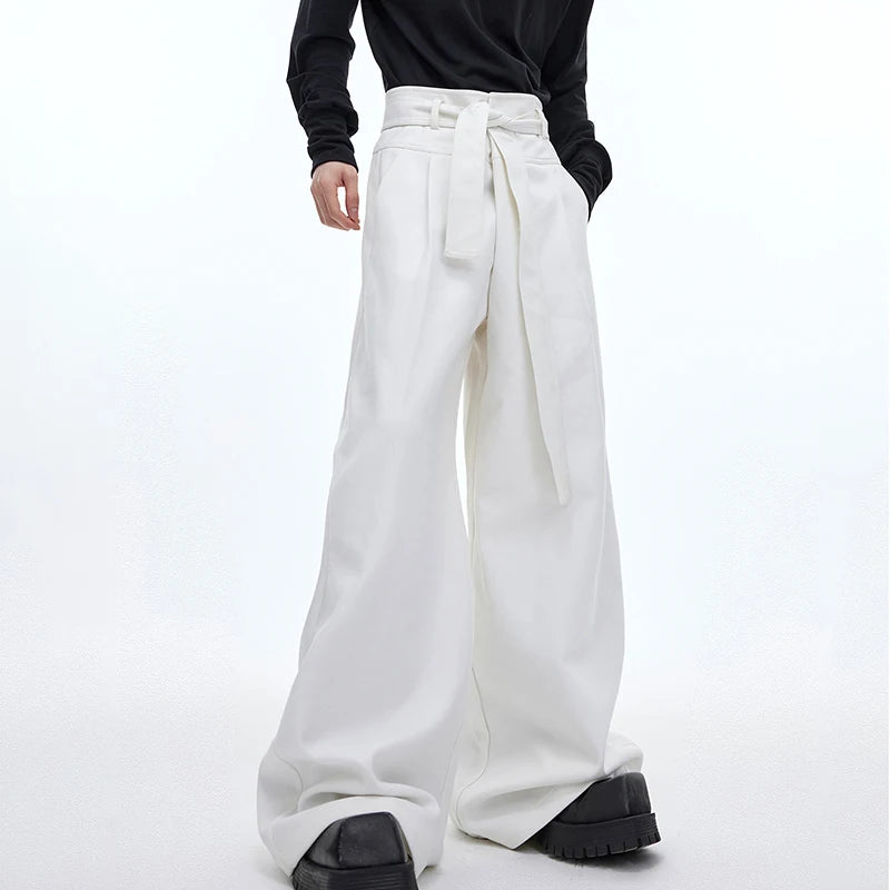 High Waist Lace-up Male Causal Suit Pants Niche Design Solid Color Men's Wide Leg Trousers Personality New Spring 9C4012