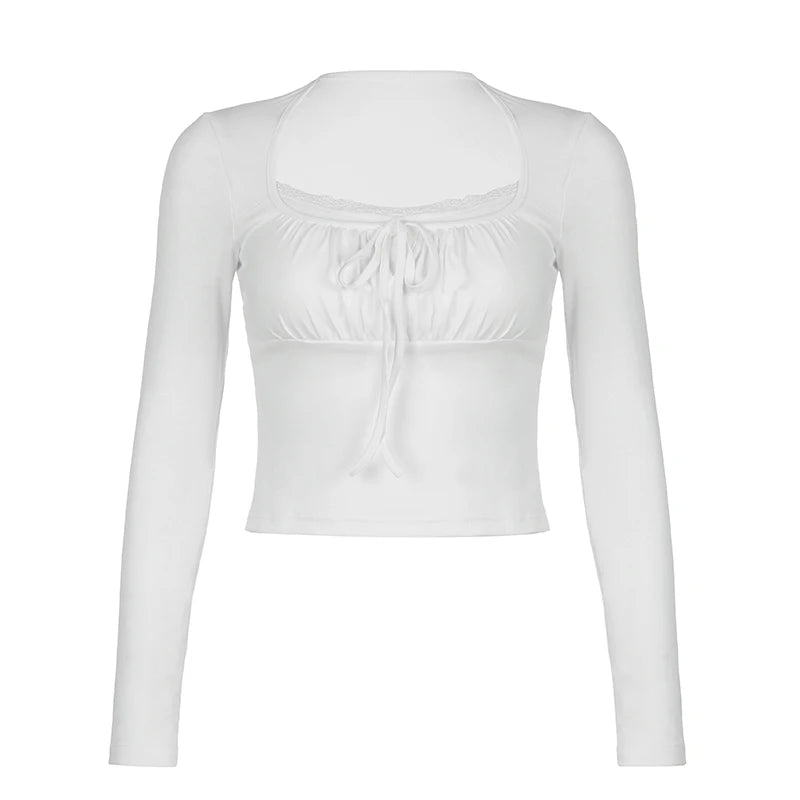 Korean White Lace Patched Female T-shirt Slim Basic Sweet Folds Autumn Tee Cute Top Coquette Clothes Front Tie-Up Y2K