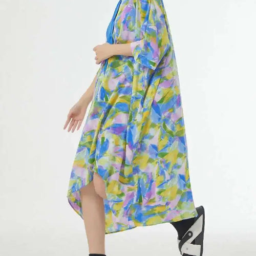 Load image into Gallery viewer, Women Blue Printed Big Size Midi Floral Dress New Stand Collar Short Sleeve Loose Fit Fashion Spring Summer 2025 1DF9379
