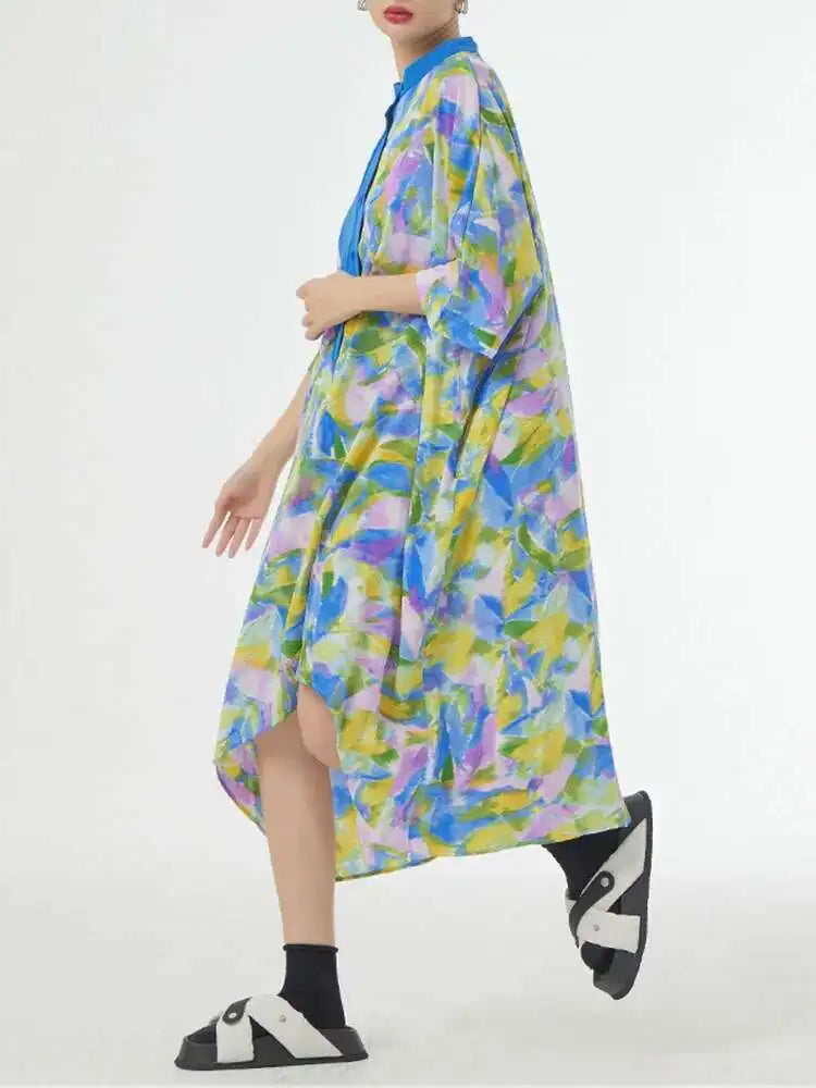 Women Blue Printed Big Size Midi Floral Dress New Stand Collar Short Sleeve Loose Fit Fashion Spring Summer 2025 1DF9379
