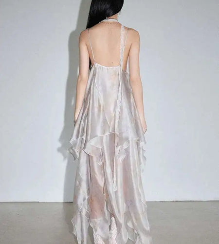 Women Lace Perspective Irregular Elegant Long Party Dress New V-Neck Sleeveless Fashion Tide Spring Summer 2025 1DH7527