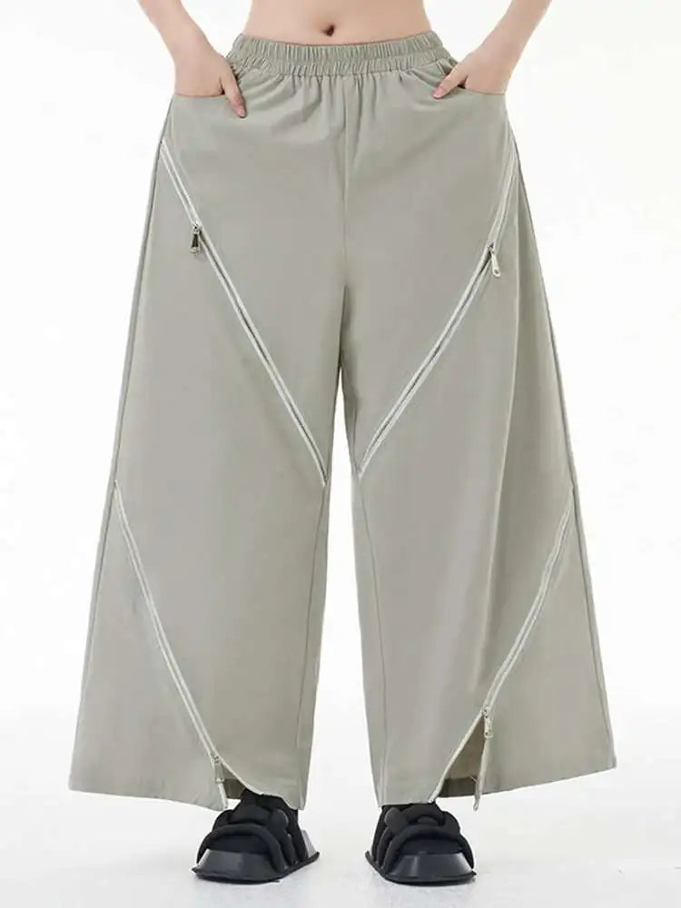 High Elastic Waist Gray Zipper Irregular Wide Leg Pants New Loose Fit Trousers Women Fashion Spring Autumn 2025 1DH3451
