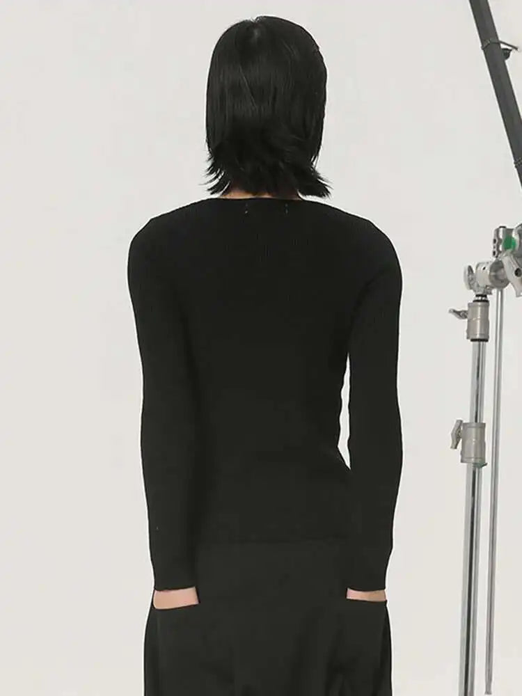 Black Color-block Slim Knitting Sweater Round Neck Long Sleeve Women Pullovers New Fashion Spring Autumn 2025  1DH2083