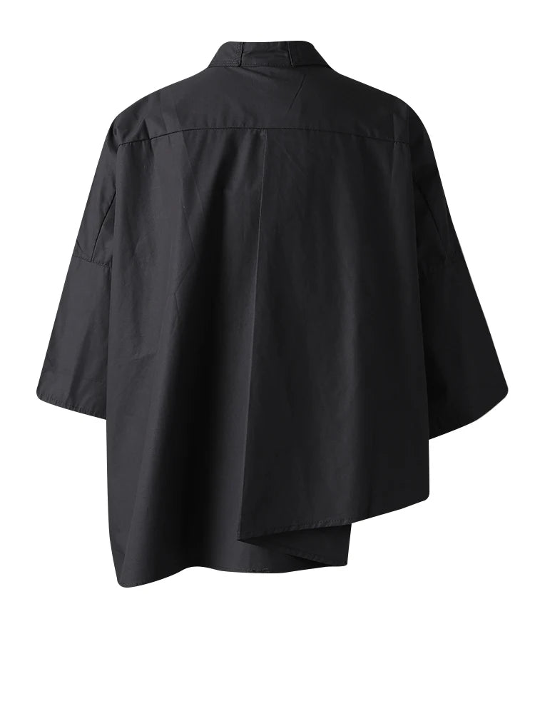 Women White Irregular Hem Pocket Big Size Blouse New Lapel Half Sleeve Shirt Fashion Tide Spring Summer 2025 CPG3166