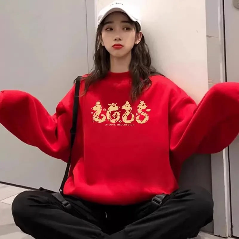 Autumn Winter New Red Letter Print Round Neck Velvet Sweatshirt Thick Korean Women's Loose Long Sleeved Vacation Cotton Tops Y2k