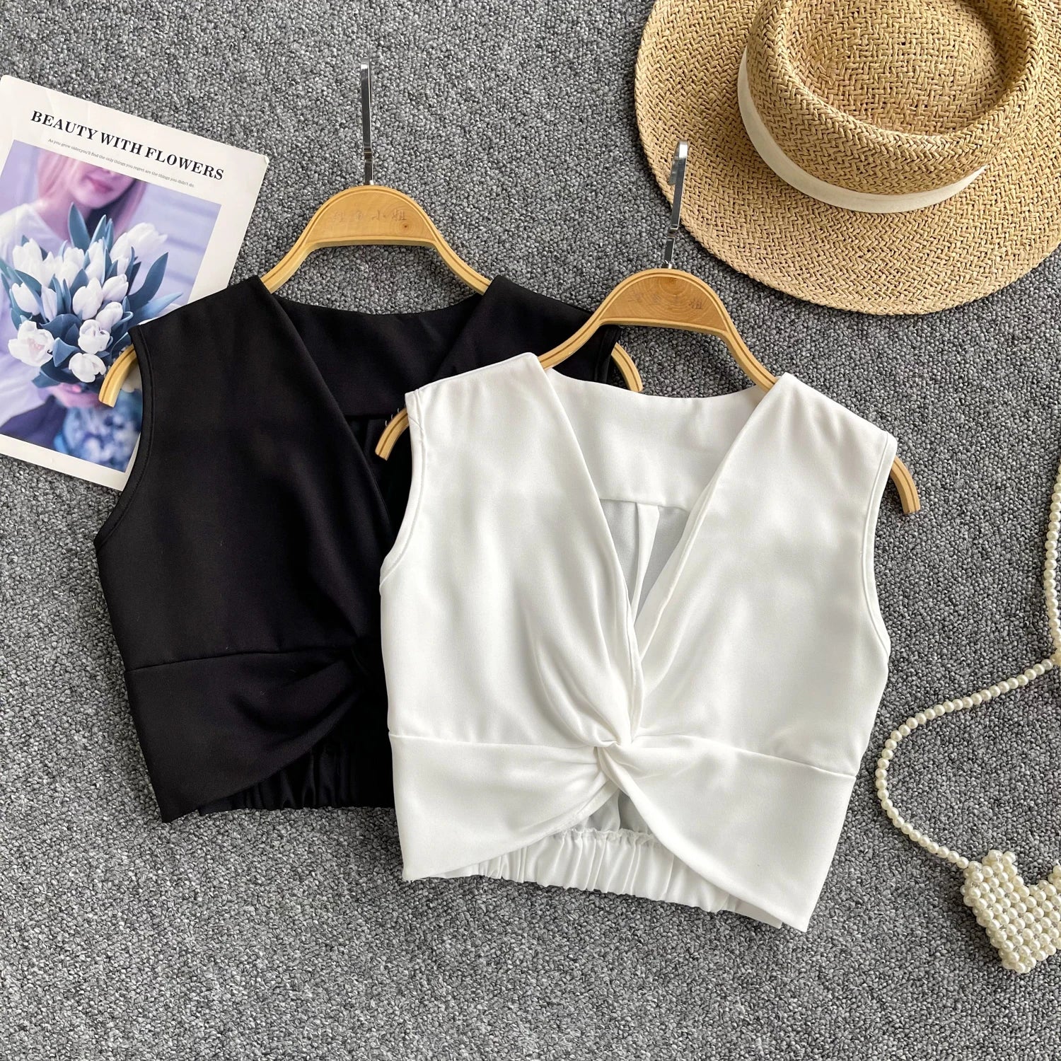 Women Clothing Summer Black V-neck Short Vest Ladies Casual Versatile White Sleeveless Pleated Tank Tops Simplicity Popular Chic