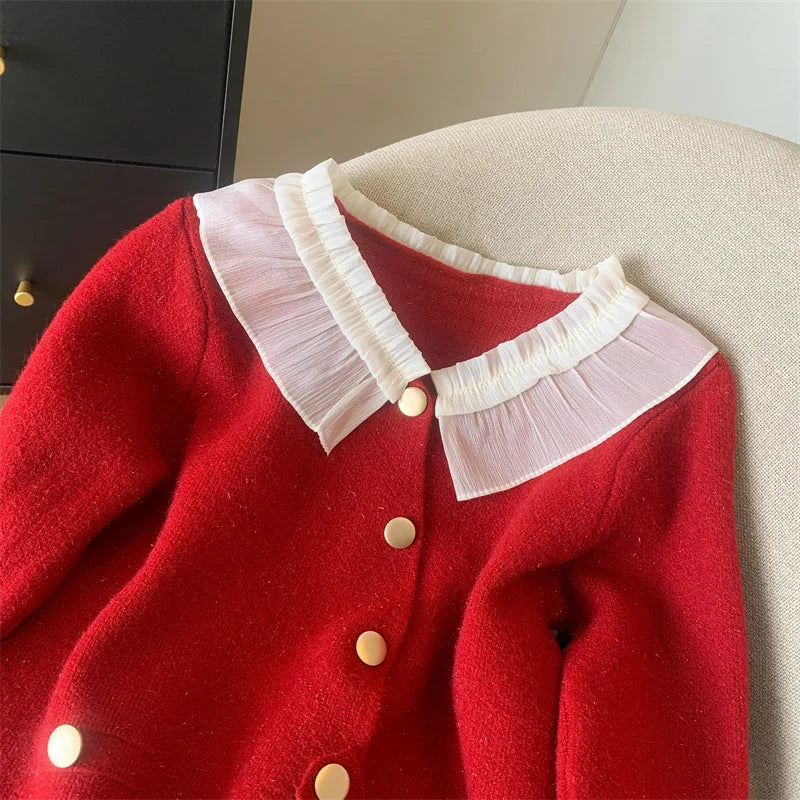 Women White Patchwork Cardigan Sweater Red Long Sleeve Ruffles Doll Collar Office Lady Knit Button Tops 2024 Spring Autumn Trend