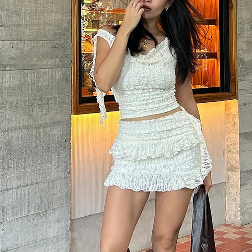 Load image into Gallery viewer, Jacquard Tassels 2-Piece Set Women One Shoulder Sleeveless Crop Tops+Tierred Mini Skirts Sweet Street Party Summer Suit
