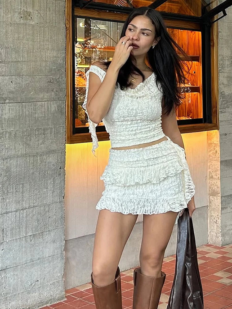 Jacquard Tassels 2-Piece Set Women One Shoulder Sleeveless Crop Tops+Tierred Mini Skirts Sweet Street Party Summer Suit