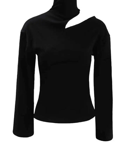 Women Black Hollow Out Slim Elegant Plain T-shirt New Turtleneck Long Sleeve Fashion Tide Spring Autumn 2025 CPDB103