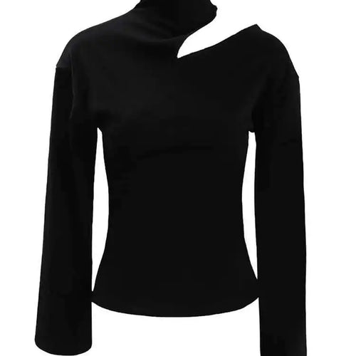 Load image into Gallery viewer, Women Black Hollow Out Slim Elegant Plain T-shirt New Turtleneck Long Sleeve Fashion Tide Spring Autumn 2025 CPDB103
