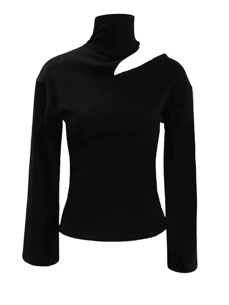 Women Black Hollow Out Slim Elegant Plain T-shirt New Turtleneck Long Sleeve Fashion Tide Spring Autumn 2025 CPDB103