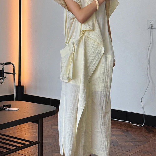 Load image into Gallery viewer, Women  Beige Ruffles Big Size Elelgant Long Dress New Stand Collar Short Sleeve Fashion Tide Spring Summer 2025 1DJ1406

