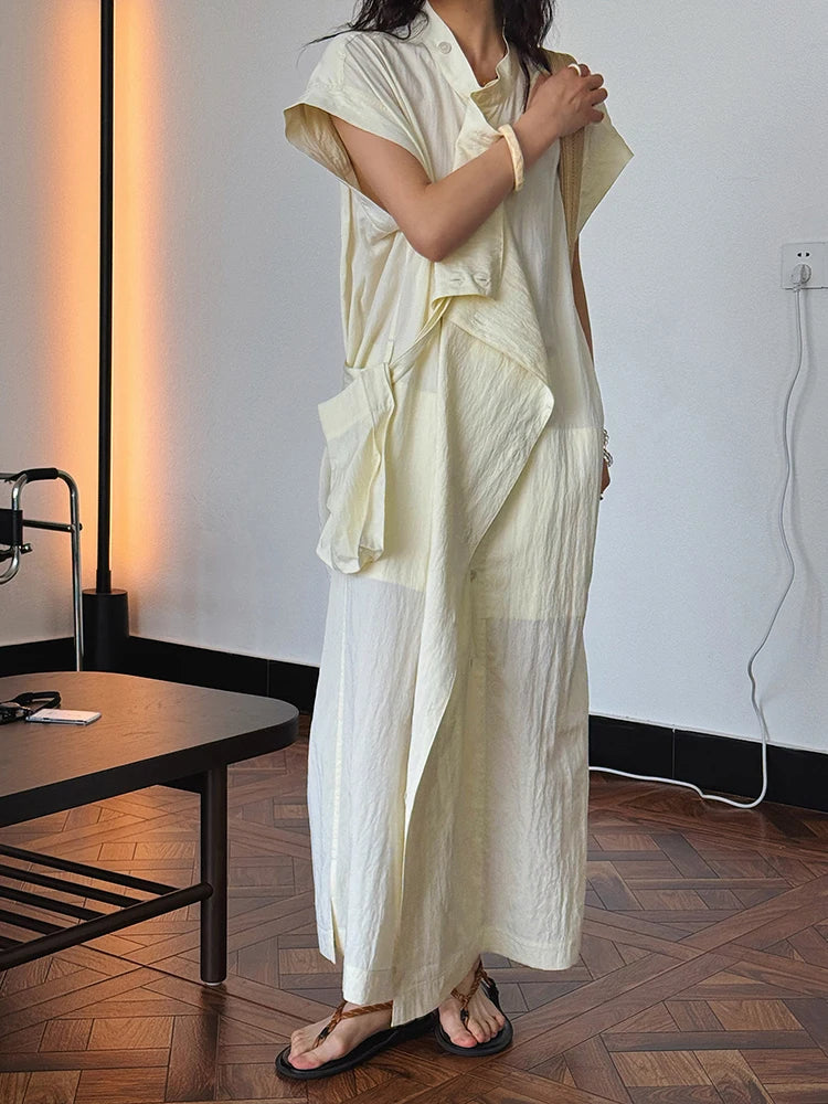 Women  Beige Ruffles Big Size Elelgant Long Dress New Stand Collar Short Sleeve Fashion Tide Spring Summer 2025 1DJ1406