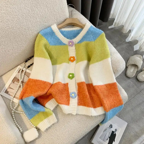 Load image into Gallery viewer, Autumn Winter Sweet Vintage Rainbow Striped V-neck Cardigan Long Sleeve Sweater Woman Elegant Festival Single Breasted Knit Tops
