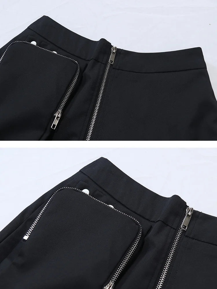 Streetwear Black Midi Skirts For Women High Waist Patchwork Zipper Pockets Solid Long Skirts Female Clothing Summer