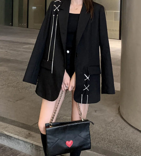 Harajuku Women Jackets Black Gothic Punk Hip Hop Solid Vintage Blazer Coats  Chic Chain Loose Jacket Streetwear