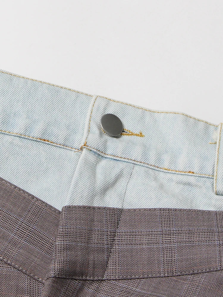 Patchwork Denim Casual Loose Pants For Women High Waist Spliced Button Minimalist Floor Length Trousers Female Fashion