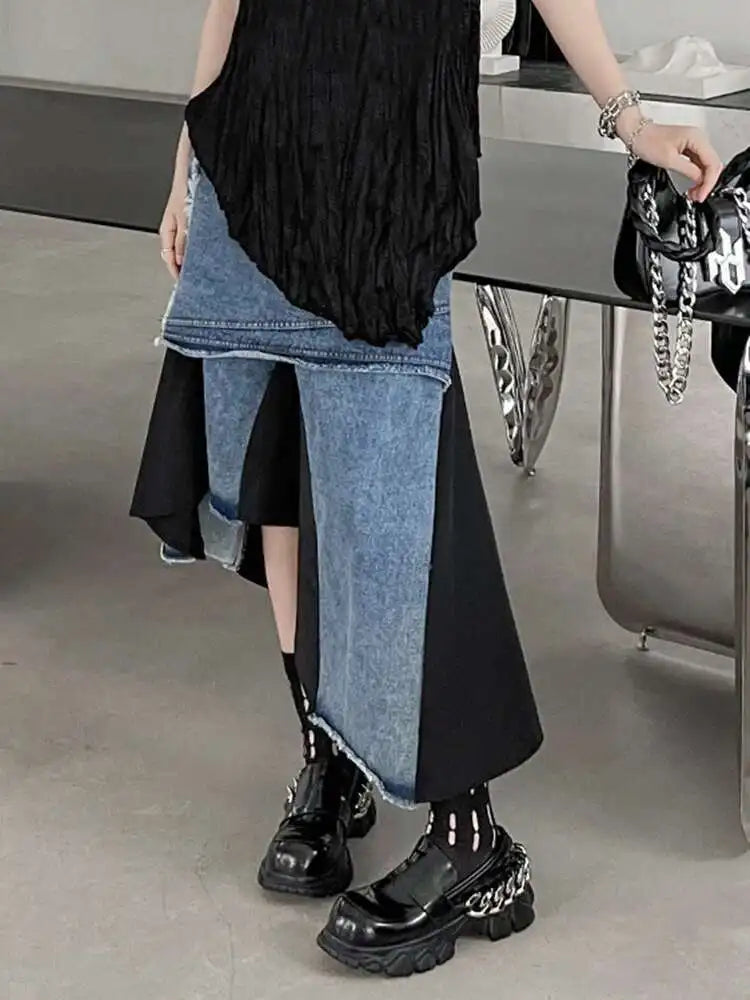 High Elastic Waist Black Denim Irregular Color-block Half-body Skirt Women Fashion Tide New Spring Autumn 2025 1DH5253