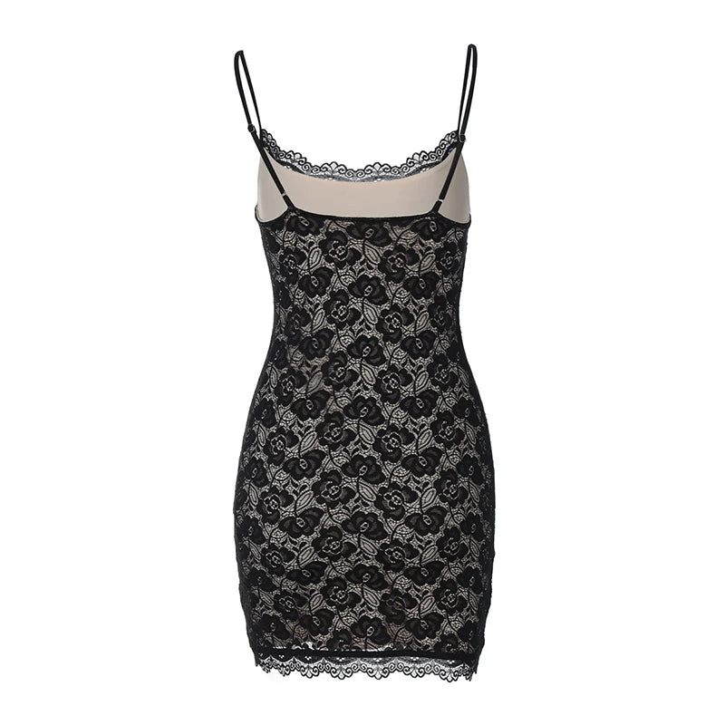 Lace Spaghetti Strap Sexy Mini Dress For Women Robe Fashion Off-shoulder Sleeveless Backless Floral Print Skinny Dress