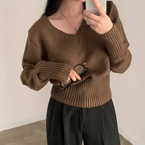 Load image into Gallery viewer, Casual Brown Basic Autumn Sweater Women Knitwear Korean Fashion Solid Pullover Harajuku Jumpers All-Match Preppy Cute
