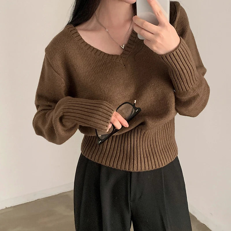 Casual Brown Basic Autumn Sweater Women Knitwear Korean Fashion Solid Pullover Harajuku Jumpers All-Match Preppy Cute