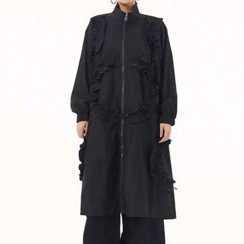 Load image into Gallery viewer, Women Army Green Ruffles Big Size Long Trench New Stand Collar Long Sleeve Windbreaker Fashion Spring Autumn 2025 1DH9215
