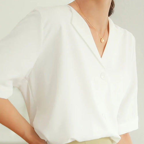 Load image into Gallery viewer, Summer Green Pure Color Short Sleeve Women Shirt New White Single Breasted Female Workwear Formal Simple Female Shirts
