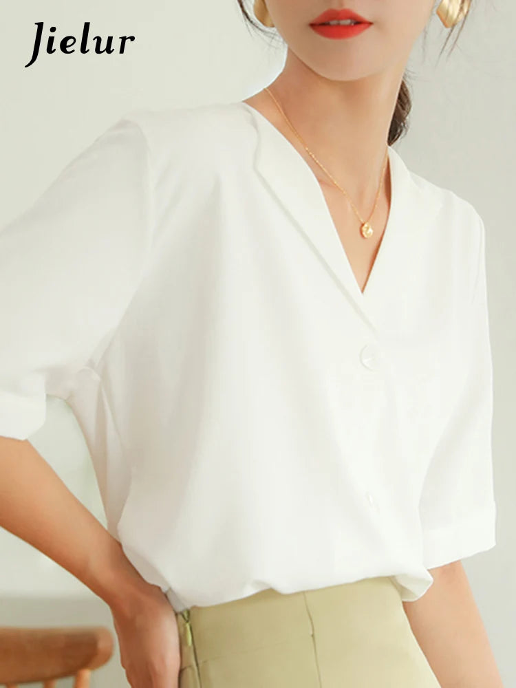 Summer Green Pure Color Short Sleeve Women Shirt New White Single Breasted Female Workwear Formal Simple Female Shirts