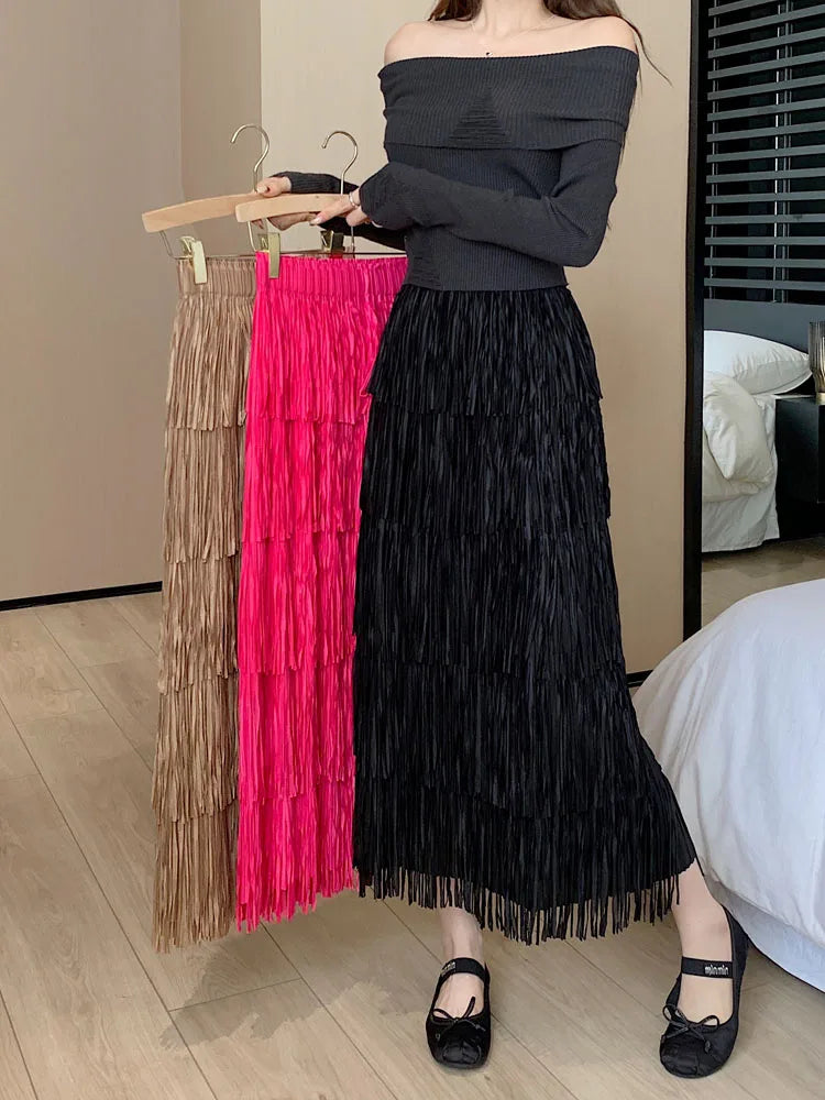 Autumn Vintage Elegant Party Wrapped Hip Cake Skirt For Women Elastic High Waist Tassel Long Skirts Female High Street Y2k Trend