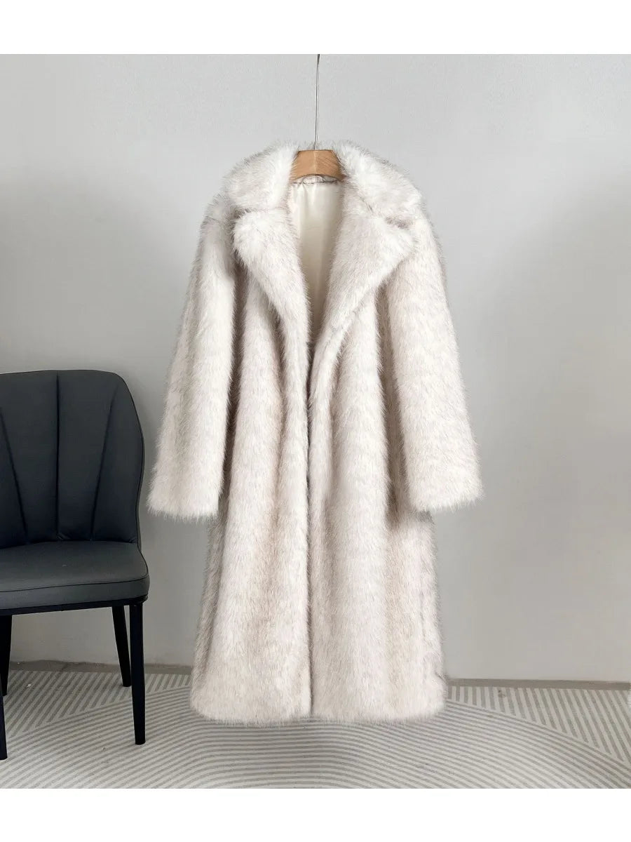 Solid Loose Fur Long Coat for Women Lapel Long Sleeve Temperament Elegant Coats Female Fashion Style Fashion