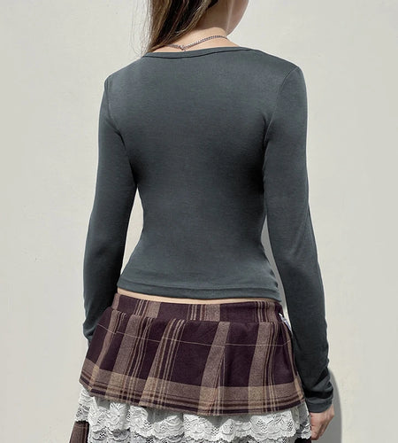 y2k Tops Women Goth Grunge Clothes Slim Fit V Neck Patchwork Long Sleeve Cropped T Shirts 2000s Clothing Streetwear