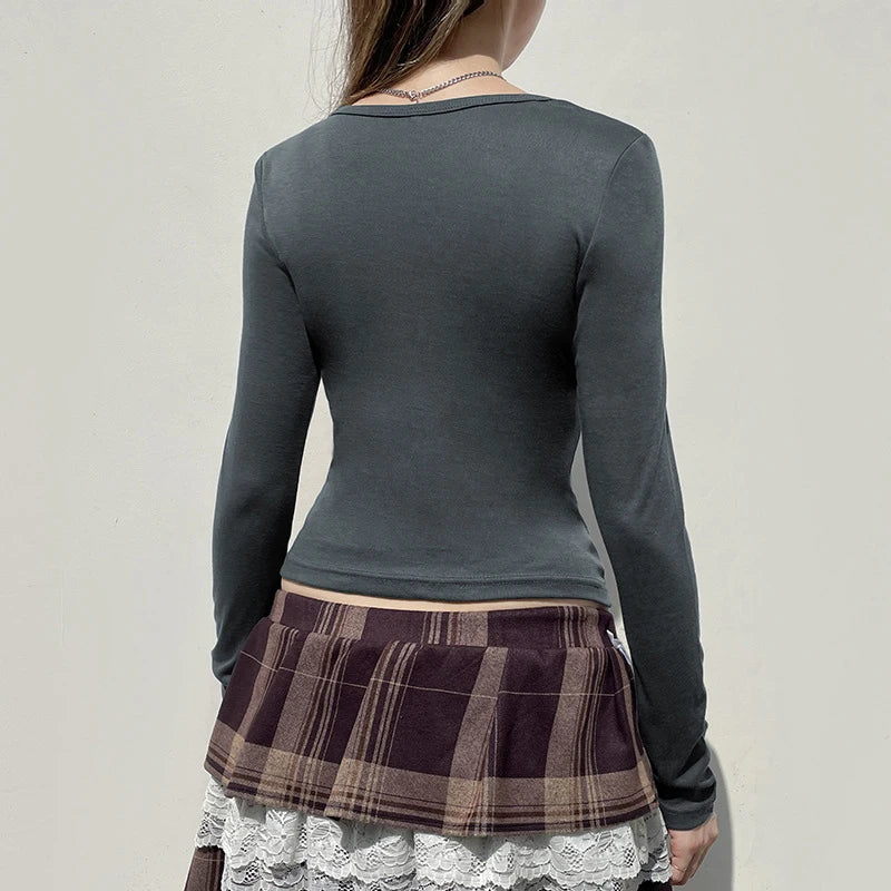 y2k Tops Women Goth Grunge Clothes Slim Fit V Neck Patchwork Long Sleeve Cropped T Shirts 2000s Clothing Streetwear