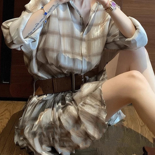 Load image into Gallery viewer, Hit Color Spliced Plaid Casual Mini Dresses for Women Lapel Long Sleeves Patchwork Folds Fashion Dress Female New
