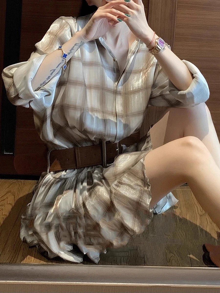 Hit Color Spliced Plaid Casual Mini Dresses for Women Lapel Long Sleeves Patchwork Folds Fashion Dress Female New