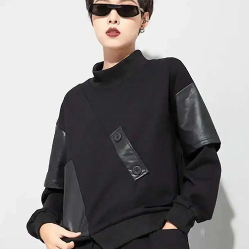 Load image into Gallery viewer, Women Black Pu Leather Irregular Big Size Casual T-shirt New Round Neck Long Sleeve Fashion Spring Autumn 2025 1DF4655
