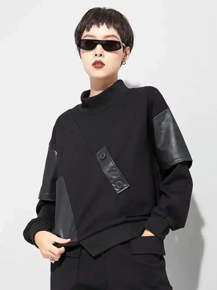 Women Black Pu Leather Irregular Big Size Casual T-shirt New Round Neck Long Sleeve Fashion Spring Autumn 2025 1DF4655