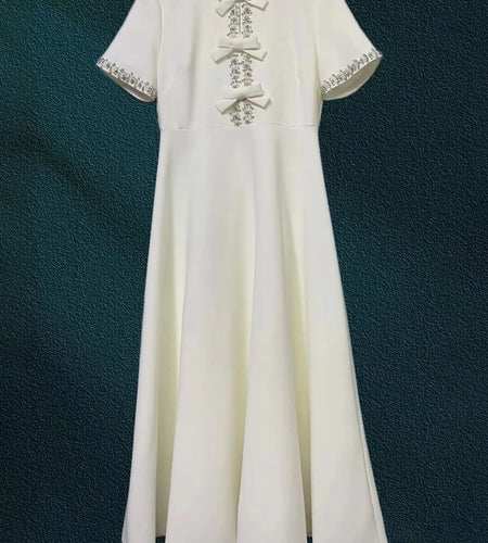 Solid Spliced Diamonds Slimming Dresses For Women O Neck Short Sleeve High Waist Temperament Dress Female Fashion