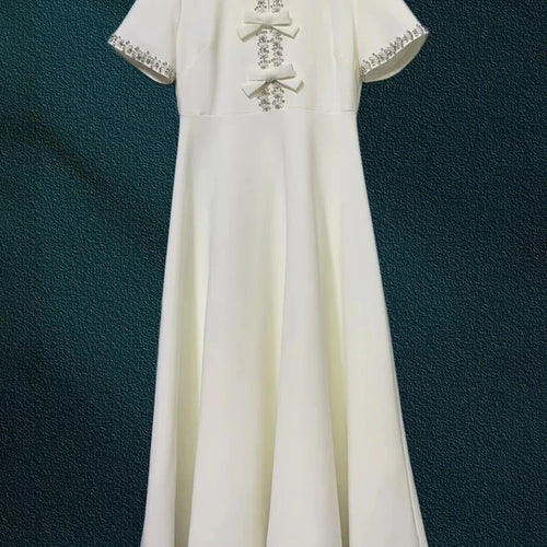 Load image into Gallery viewer, Solid Spliced Diamonds Slimming Dresses For Women O Neck Short Sleeve High Waist Temperament Dress Female Fashion
