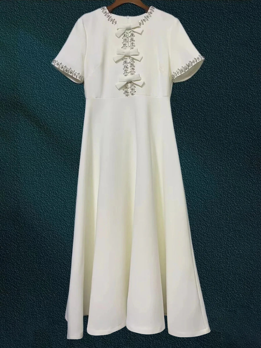 Solid Spliced Diamonds Slimming Dresses For Women O Neck Short Sleeve High Waist Temperament Dress Female Fashion