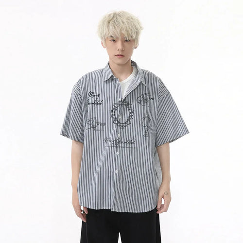 Load image into Gallery viewer, Men&#39;s Shirts Short Sleeve Design Korean Personalized Pattern Striped Turn-down Collar Stylish Male Loose Shirt 9W1594

